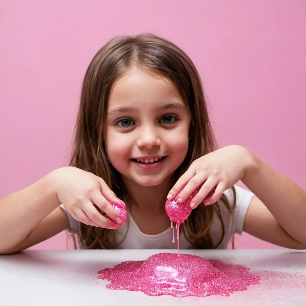 Prompt: A young girl playing with pink glitter slime