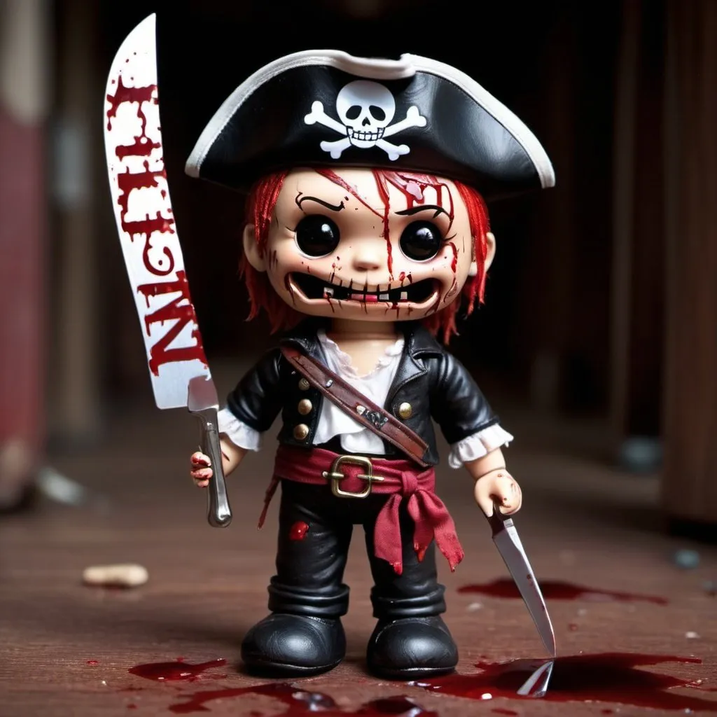 Prompt: a little pirate killer doll with a name tag that has Freddy written on it with a bloody background and with a knife that has a reflection that has people running away , and making animated and not realistic 