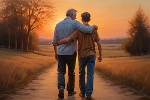 Prompt: Father, 20-year-old son, walking away, hugging, sunset lighting, warm tones, emotional, detailed facial expressions, oil painting, heartwarming, high quality, emotional bond, familial love, oil painting, detailed features, warm lighting, sunset hues, emotional embrace, sentimental, touching, 4k, high quality, heartwarming, realistic oil painting