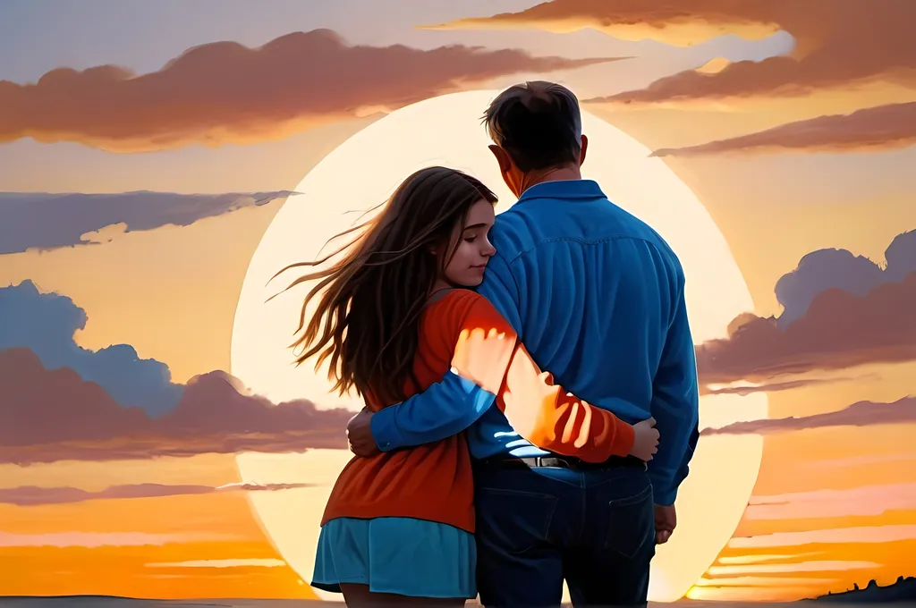 Prompt: Father and 20-year-old daughter, hugging, walking away from camera, sunset lighting, warm tones, emotional, detailed facial expressions, oil painting, heartwarming, high quality