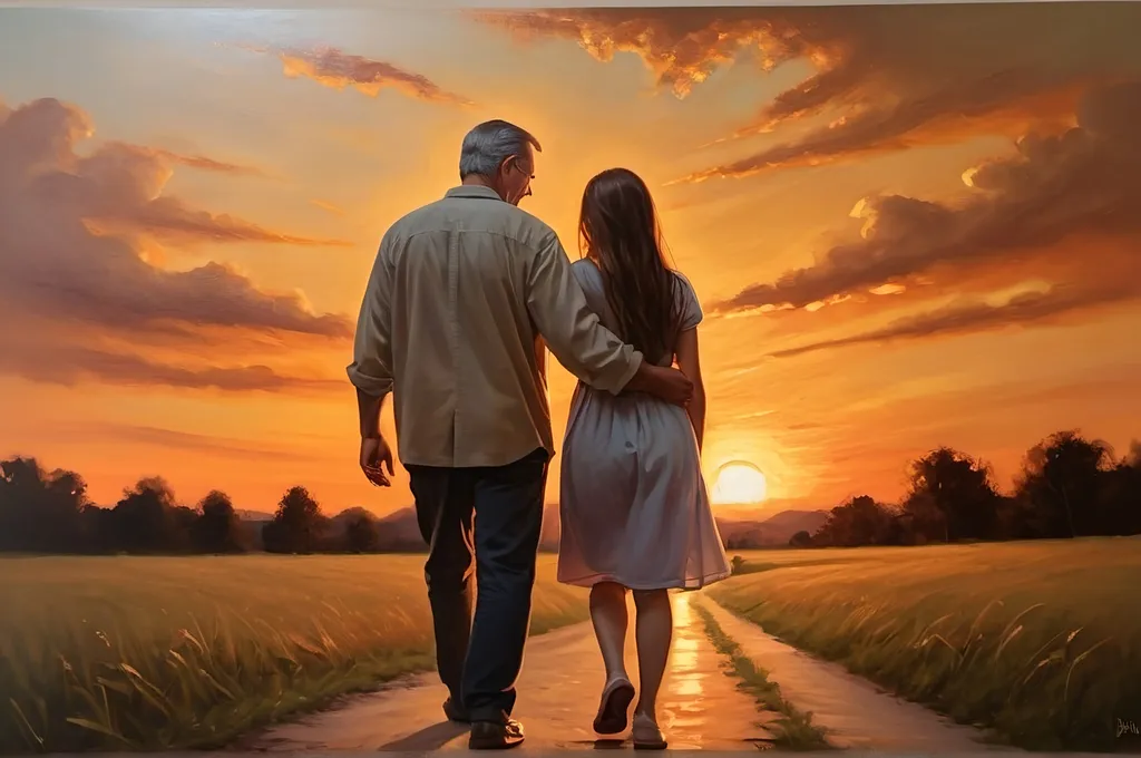 Prompt: Father and 20-year-old daughter hugging, walking away at sunset, heartwarming oil painting, detailed emotional expressions, warm tones, high quality, emotional, detailed facial expressions, heartwarming, oil painting, sunset lighting, warm tones, walking away, father-daughter bond, emotional, detailed, professional, atmospheric lighting