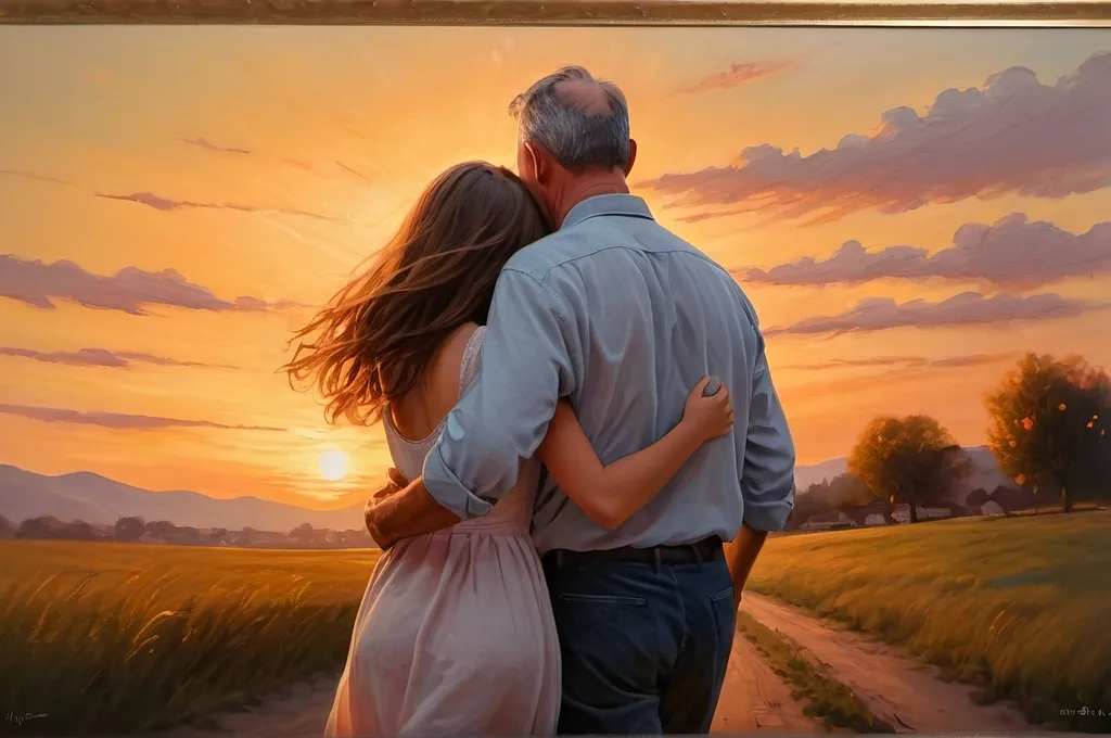 Prompt: Father and 20-year-old daughter hugging, walking away at sunset, heartwarming oil painting, detailed emotional expressions, warm tones, high quality, emotional, detailed facial expressions, heartwarming, oil painting, sunset lighting, warm tones, walking away, father-daughter bond, emotional, detailed, professional, atmospheric lighting