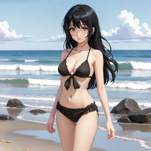 Prompt: Hot fullbody anime girl with black hair at beach