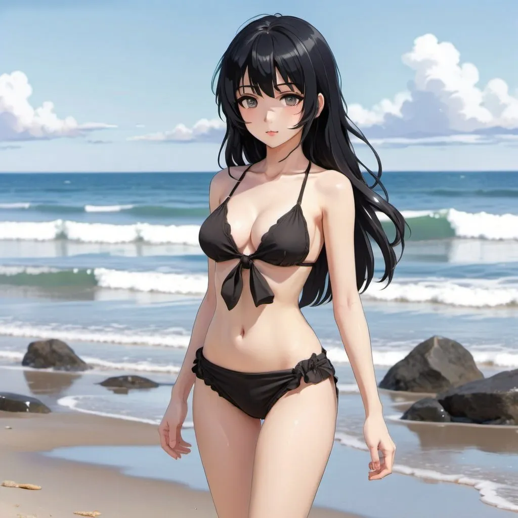 Hot fullbody anime girl with black hair at beach