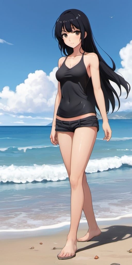 Prompt: Hot fullbody anime girl with black hair at beach