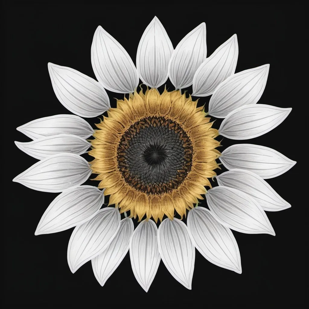 Prompt: minimalist white line art of a sunflower top down on a black background