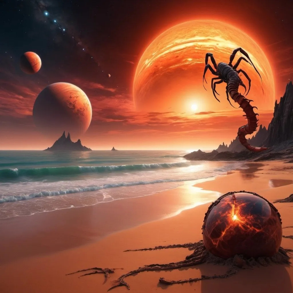 Prompt: A surreal landscape of an exoplanet with fiery skies, where the Pole Star is visible. The planet has an ocean and a beach teeming with terrifying giant scorpions.