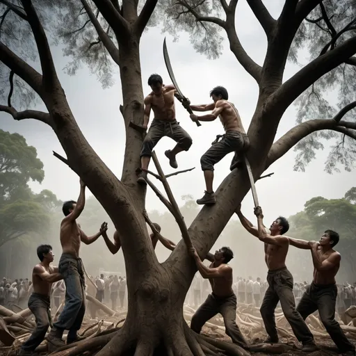 Prompt: (dramatic scene), (tree branches), multiple people perched on one tree branches, fiercely undercutting each other's supports with large hand saws, intense expressions of determination and rivalry, (high tension atmosphere), dynamic poses highlighting struggles, capturing the essence of competition and survival.