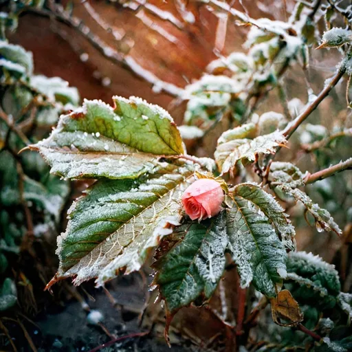 Prompt: water frozen on the edge of a rosa leaf