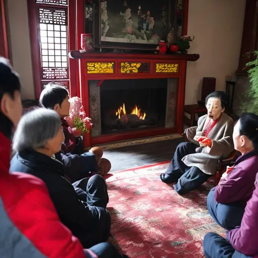 Prompt: Old Chinese woman narrating story to a group of people near fireplace at home 