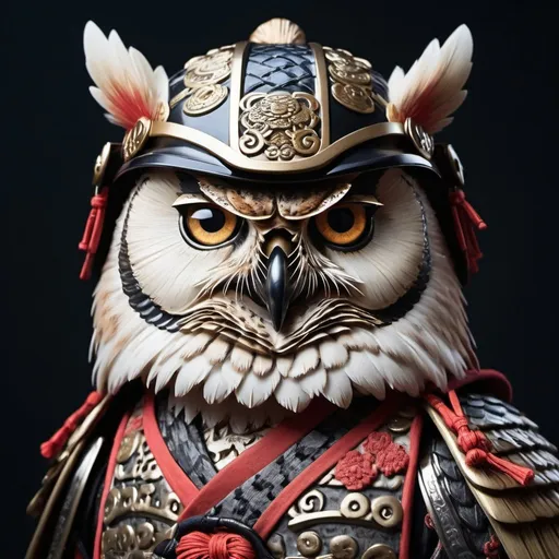 Prompt: owl with samurai face, injured left eye, samurai outfit, detailed eyes, traditional Japanese art style, iconic samurai helmet, focused and intense gaze, high quality, detailed, traditional, cool tones, dramatic lighting
