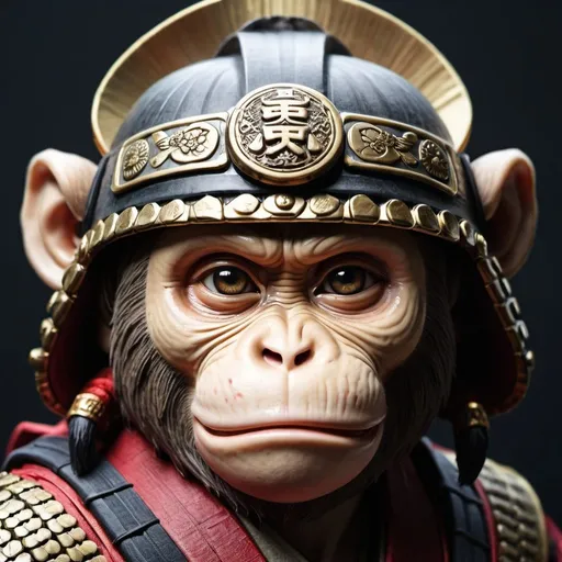 Prompt: monkey with samurai face, injured left eye, samurai outfit, detailed eyes, traditional Japanese art style, iconic samurai helmet, focused and intense gaze, high quality, detailed, traditional, cool tones, dramatic lighting