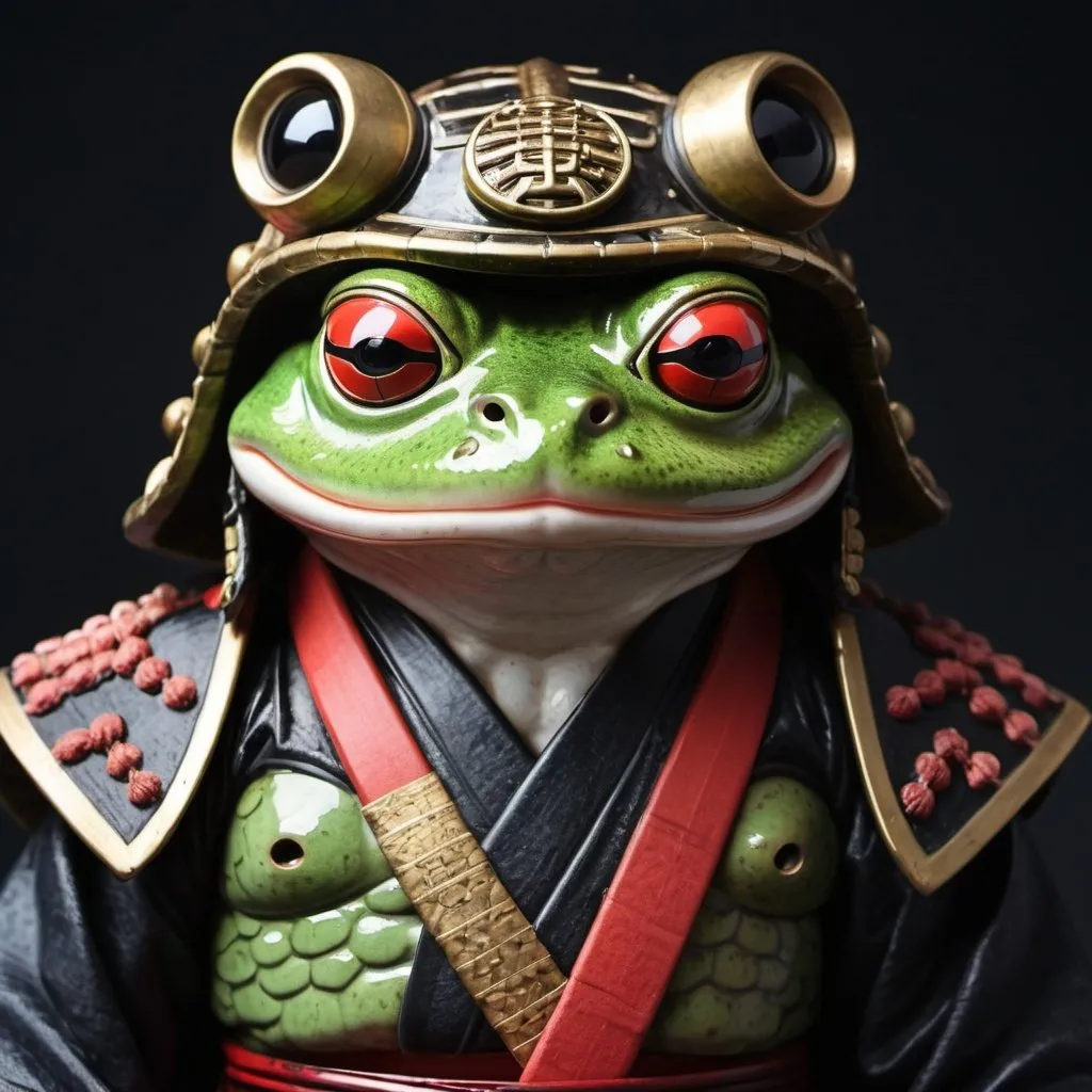 Prompt: Japanese frog with samurai face, injured left eye, samurai outfit, detailed eyes, traditional Japanese art style, iconic samurai helmet, focused and intense gaze, high quality, detailed, traditional, cool tones, dramatic lighting