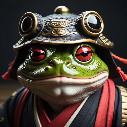 Prompt: Japanese frog with samurai face, injured left eye, samurai outfit, detailed eyes, traditional Japanese art style, iconic samurai helmet, focused and intense gaze, high quality, detailed, traditional, cool tones, dramatic lighting