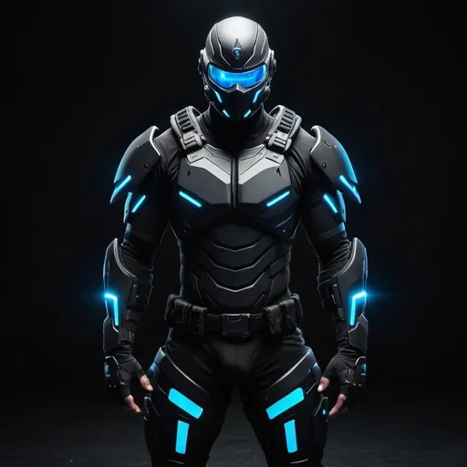 Prompt: theme:%20A%20futuristic%20ninja%20warrior%20with%20tactical%20gear.%0AOutfit%3A%0ABase%20suit%3A%20Black,%20form-fitting%20suit%20with%20glowing%20blue%20lines%20accenting%20the%20limbs,%20chest,%20and%20spine.%0AArmor%3A%20Lightweight,%20segmented%20metal%20armor%20plating%20covering%20shoulders,%20forearms,%20knees,%20and%20shins.%0AAccessories%3A%0AMask%3A%20Black,%20sleek%20mask%20with%20glowing%20blue%20accents%20around%20the%20eyes.%0AGear%3A%20Tactical%20backpack%20with%20glowing%20blue%20highlights,%20futuristic%20arm%20guards%20with%20holographic%20displays.%0AWeapon%20attachments%3A%20Blue%20glowing%20highlights%20on%20weapon%20scopes%20and%20magazines