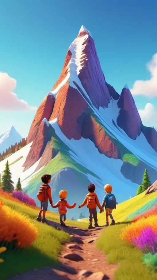 Prompt: Children reaching the mountain peak, vibrant and colorful 3D rendering in Pixar style, sunny and cheerful atmosphere, high quality, detailed characters, scenic mountain landscape, joyful and adventurous spirit, vivid colors, optimistic lighting, 3D rendering, vibrant colors, cheerful, sunny atmosphere, detailed characters, mountain peak, Pixar style, high quality