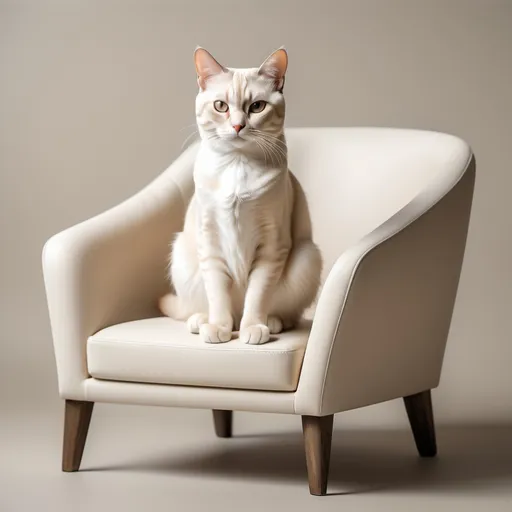 Prompt: realistic cat cream and beige very poised and elegant sitting on an elegant minimalistic modern chair