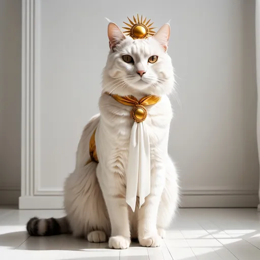 Prompt: realistic cat wearing a minimalistic sun headpiece with a long draping sash around it, standing normally but poised with feet close together looking regal in a completely empty room with white walls and floors