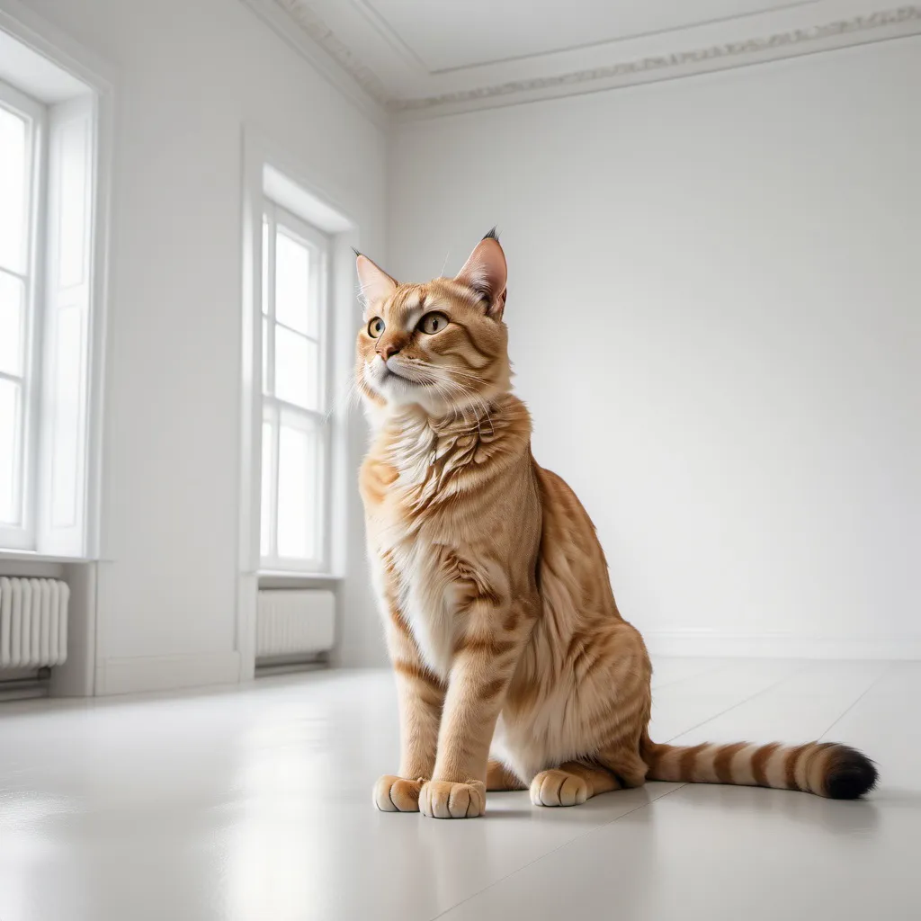 Prompt: realistic cat trying to be a regal Simba in a blank room with white walls and floors