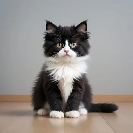 Prompt: realistic cat black ragamuffin kitten looking like a cute idiot sitting in the middle of a roomw with a lot of empty space around the cat minimalistic