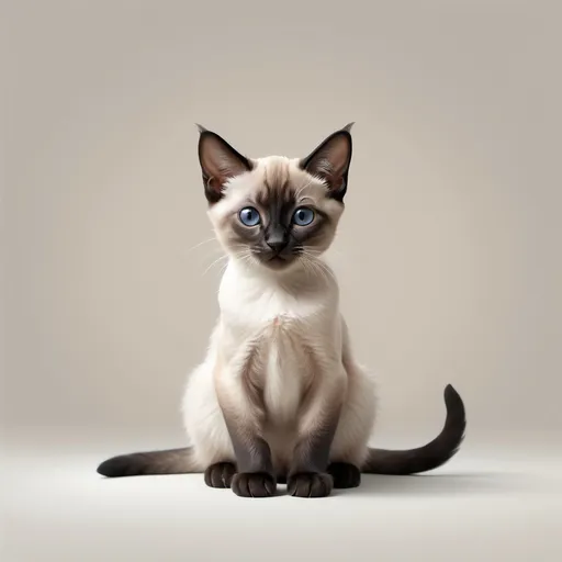 Prompt: realistic cat siamese kitten looking like a cute idiot sitting in the middle of an empty roomw with a lot of empty space around the cat minimalistic looking off into blank space