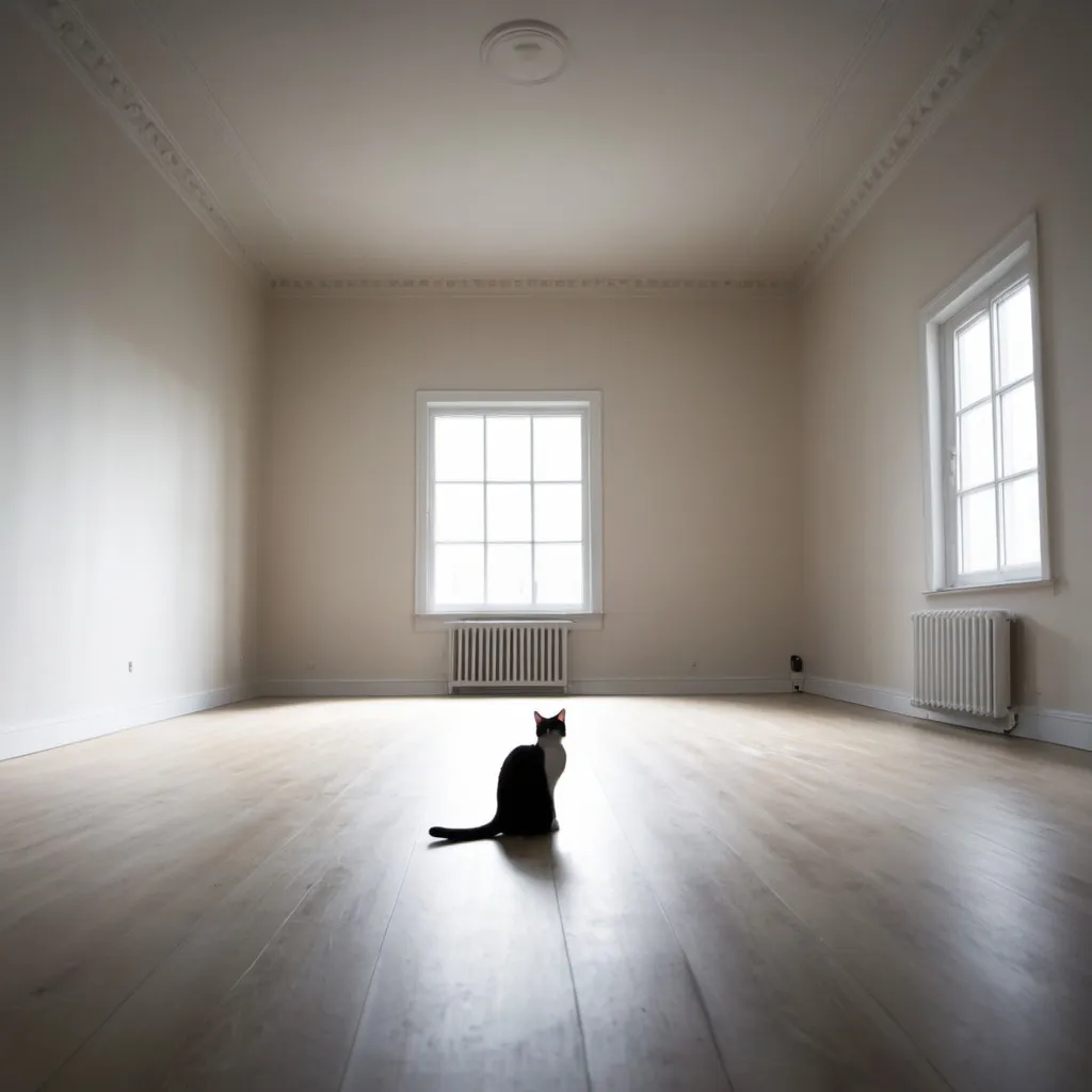 Prompt: cat sitting in a large empty room

