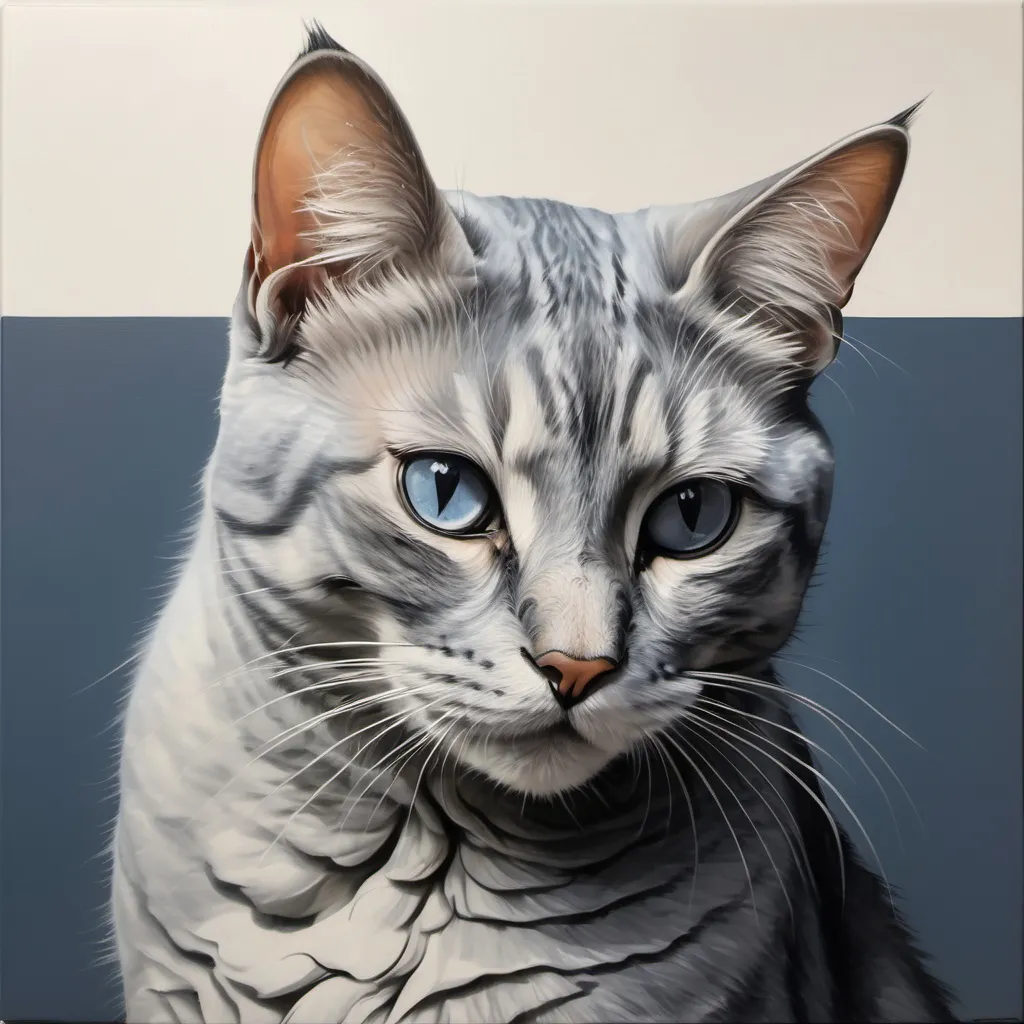 Prompt: realistic cat at least 60% of the canvas empty space blues and greys staring wistfully to something in the top right corner