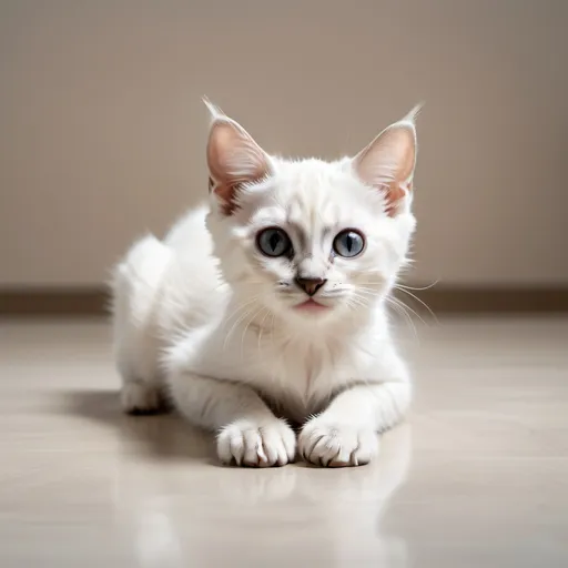 Prompt: realistic cat balinese kitten looking like a cute idiot lying down playfully in the middle of an empty roomw with a lot of empty space around the cat minimalistic looking off into blank space l