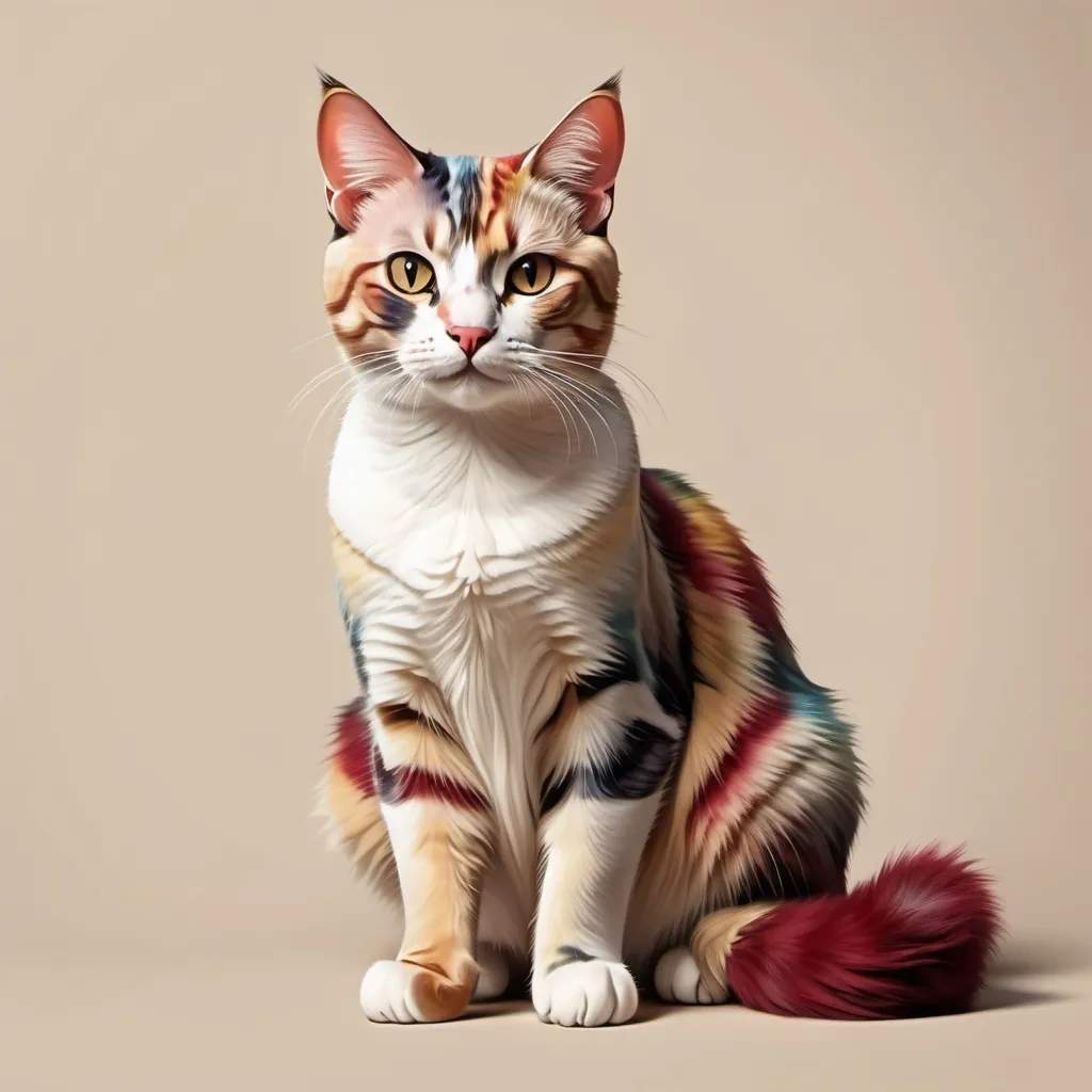 Prompt: realistic cat colorful with maroon and beige mostly base and pretty realistic but looks like a photo shoot good balance of empty space