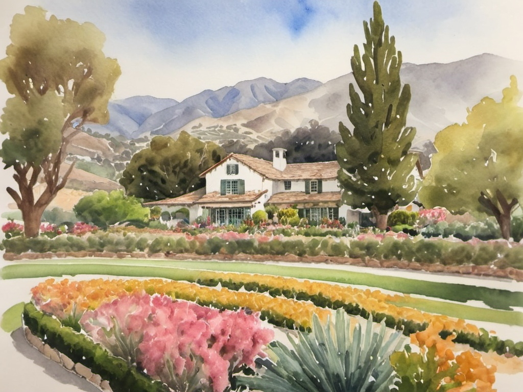 Prompt: Water colour painting of San Ysidro Ranch