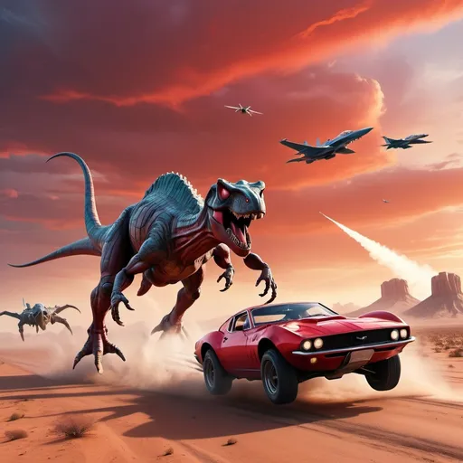 Prompt: A car with dinosaur legs running in the desert red sky as spider man is driving it and the car is futuristic and fighter jets flying behind it