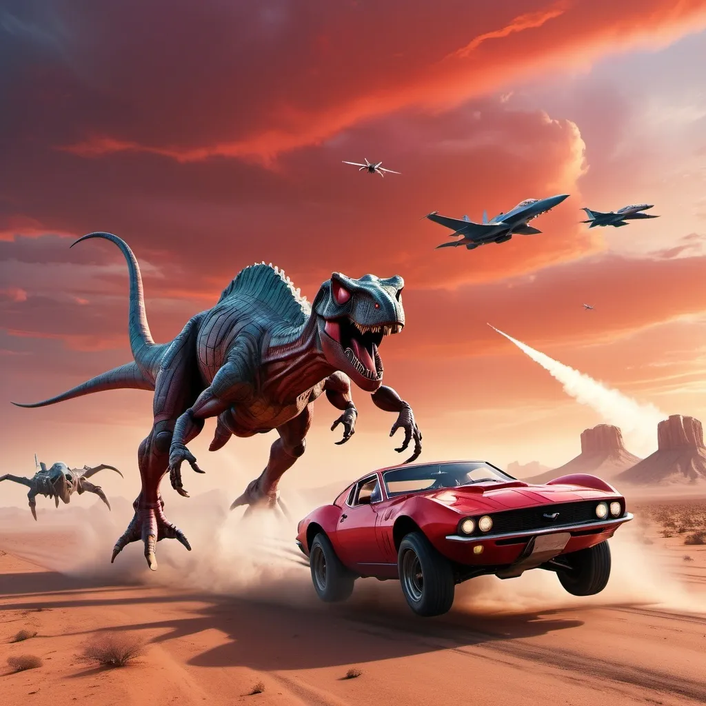 Prompt: A car with dinosaur legs running in the desert red sky as spider man is driving it and the car is futuristic and fighter jets flying behind it