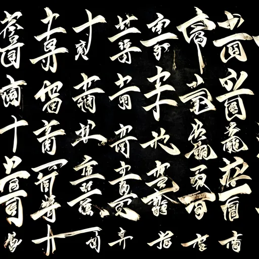 Prompt: large ancient japanese writing on black background