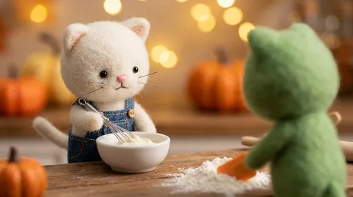 Prompt: A close-up, highly detailed shot of a cute, plush white kitten character with a tiny pink nose and whiskers, wearing blue denim overalls. It's holding a miniature whisk and stirring a creamy liquid in a small white bowl on a wooden table. To its right, partially out of frame and slightly blurred, is a plush green character with its back to the camera, using an orange spatula with a pile of white powder (flour). The background is softly blurred with warm, glowing bokeh lights, suggesting a cozy, festive, possibly autumnal or Halloween setting with a hint of an orange pumpkin. The style is stop-motion animation aesthetic, felted toy texture, cute, wholesome, charming, warm lighting, macro photography, shallow depth of field, high resolution.
