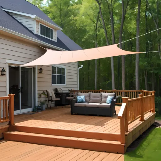 Prompt: Create an image for a Facebook Ad. The ad is for a deck building company called "The Deck Dudes". In the image, include a shade sail over a basic deck.