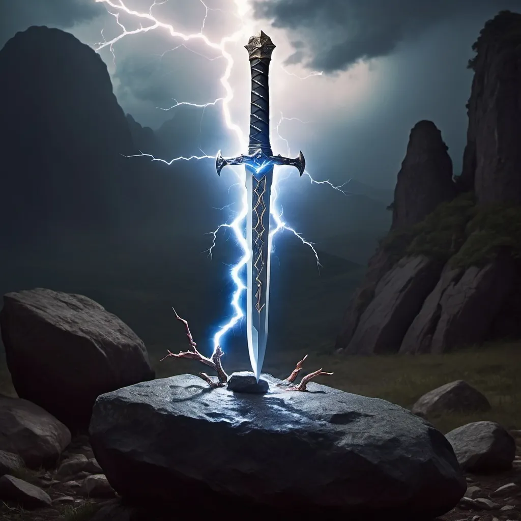 Prompt: A magical sword with lightning around it stabbed into a rock