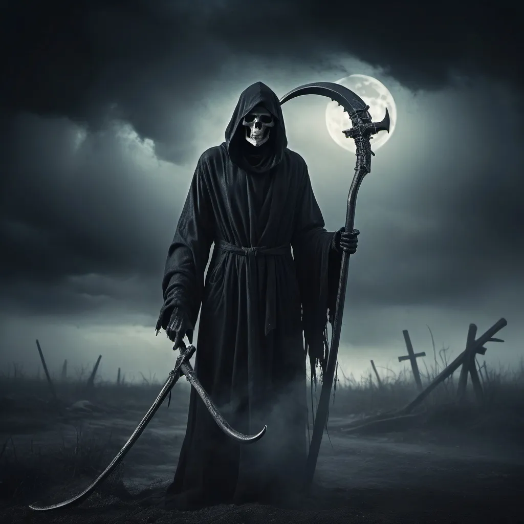 Prompt: Powerful Grim Reaper holding magic scythe with black mist coming off it