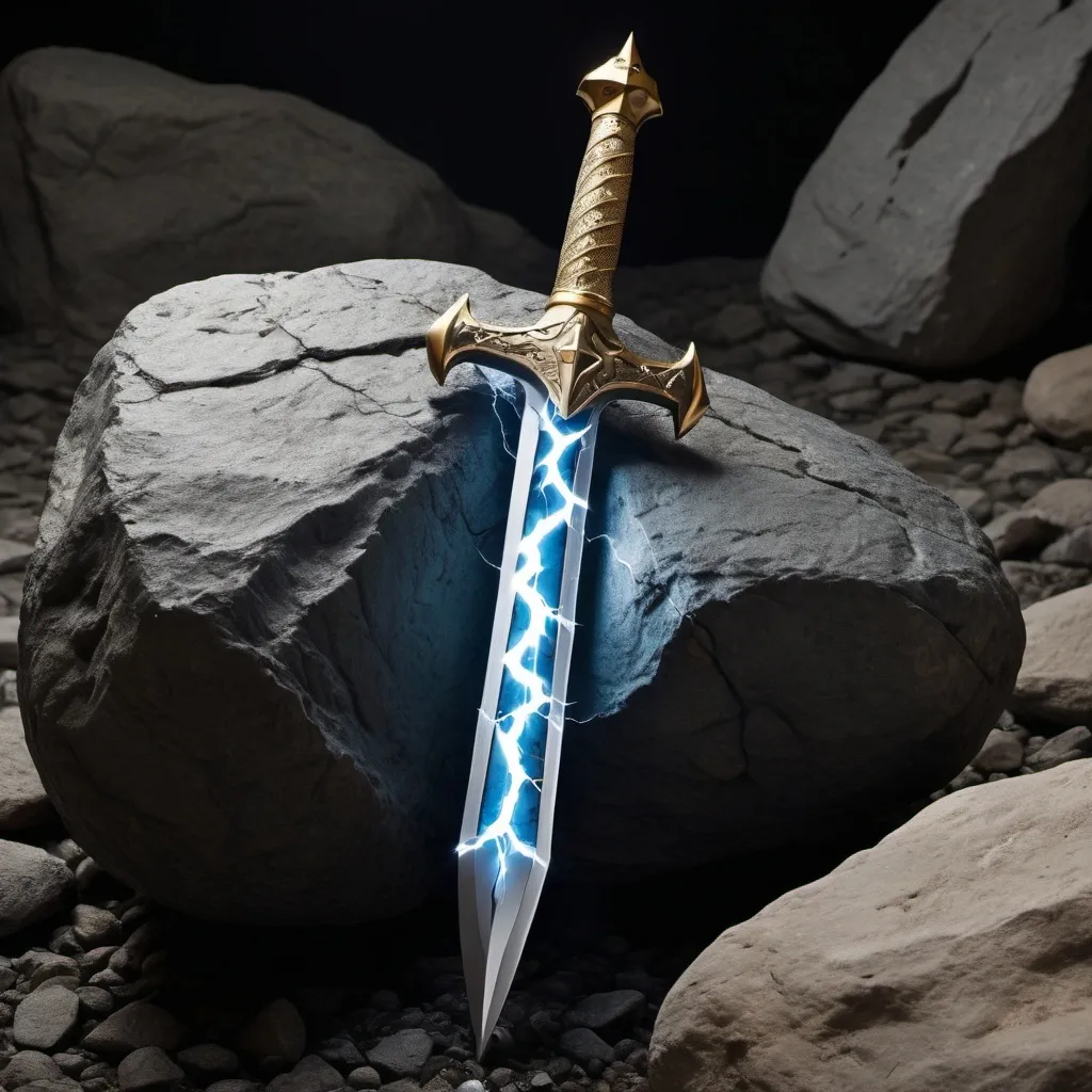 Prompt: Excalibur with lightning around it stabbed into a rock