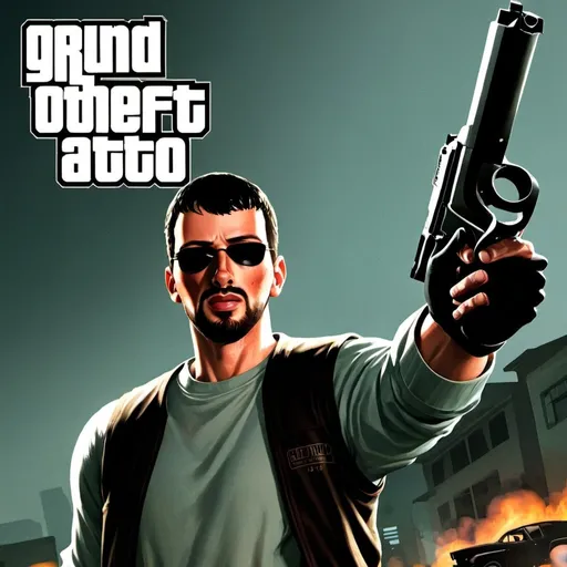 Prompt: Cover art for A video game , similar GTA series , Gun in hand