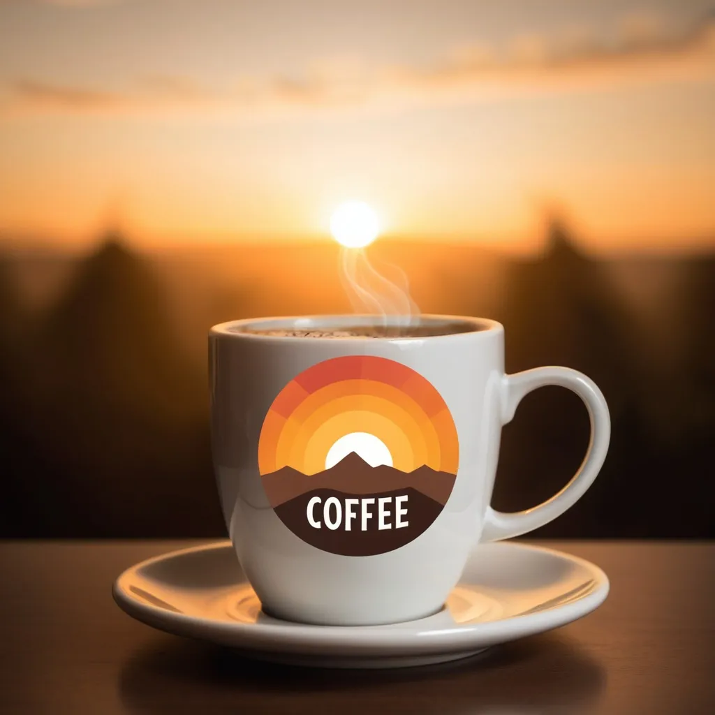 Prompt: An image of a sunrise blending into a coffee cup symbolizes that coffee is the perfect start to the day. Also, add the text Rise and Grind to it.