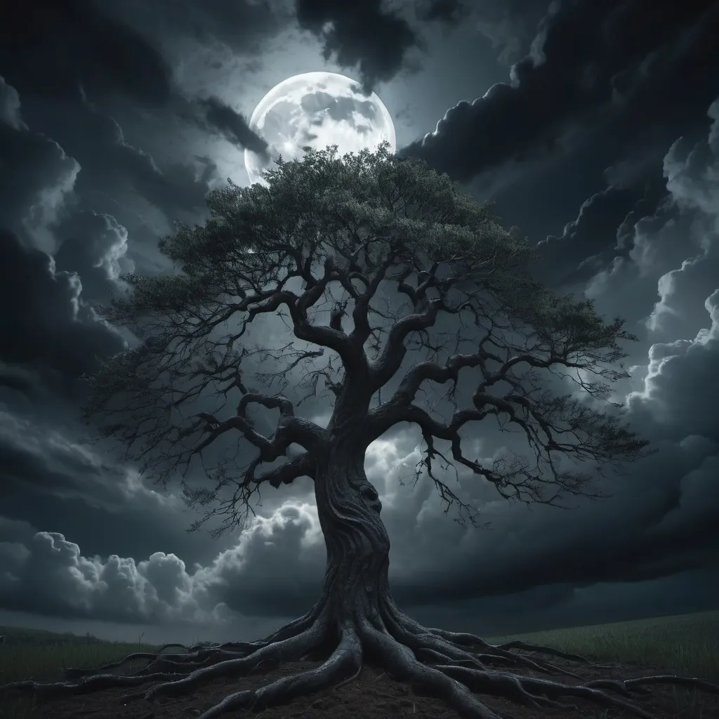 Prompt: Night with dark clouds and a tree