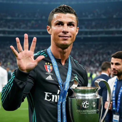 Prompt: Cristiano Ronaldo with a champions league trophy, and holding out a five fingers on his hand