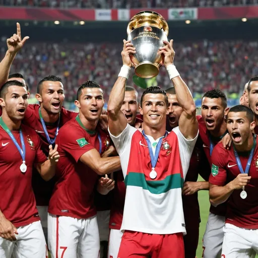 Prompt: Cristiano Ronaldo with a European championship trophy, and In the Portugal national football team with his teammates celebrating.