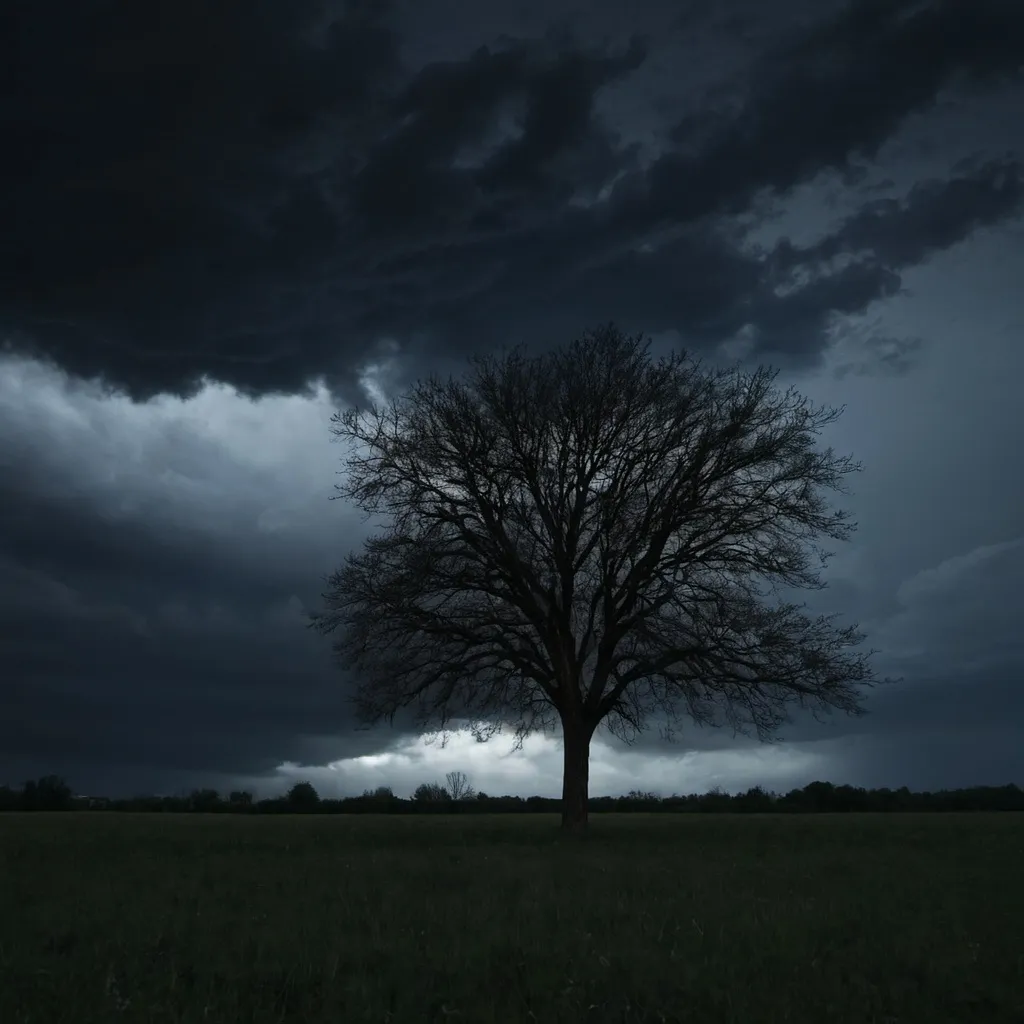 Prompt: Night with dark clouds and a tree