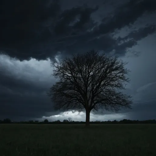 Prompt: Night with dark clouds and a tree