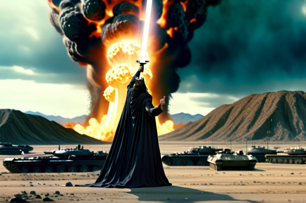 Prompt: BACK TO CAMERA, Realistic illustration of a man with long black hair and a crown, surrounded by tanks, SWORD, nuclear explosion in the background, wearing a black robe, holding a sword with one arm extended, army in the scene, photorealism, military theme, detailed facial features, intense expression, dynamic lighting, high-res, detailed tanks, explosive atmosphere, dramatic composition