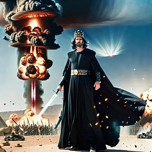 Prompt: BLACK BEARD, WAR ZONE, WAR ZONE, Realistic illustration of a commanding Lucifer in a black robe, brandishing a majestic sword and wearing a crown, leading a legion of soldiers amidst a major nuclear explosion and tanks, with a UFO hovering ominously under dark clouds, intense and dramatic lighting, high quality, realism, Lucifer, crown, commanding presence, majestic sword, legion of soldiers, nuclear explosion, tanks, UFO, ominous clouds, intense lighting, realistic style