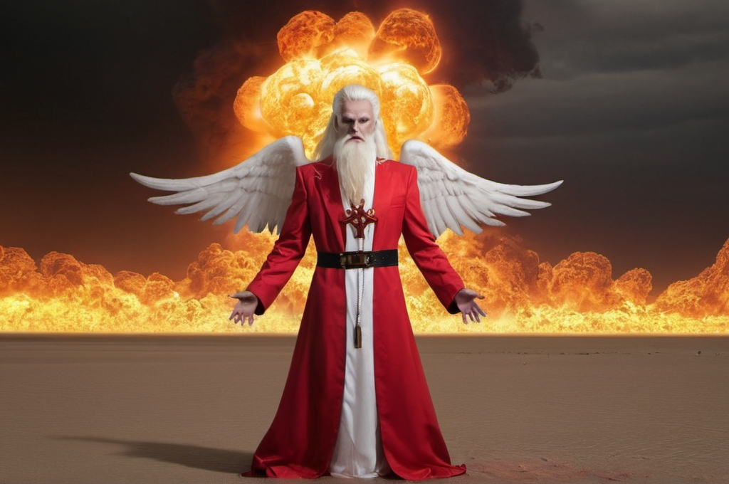 Prompt: albino skin, Lucifer, the desert, daylight, flames, nuclear explosion, the desert, red suit, high quality, Crown, sword, Crown, angel, middle east, silver horns, fully clothed, angry, red, flames, nuclear explosion, long hair, holy cross, golden, golden beard, red robe, red suit, day time, screaming, black chain, nuclear explosion, golden eyes, black eyebrows, flames