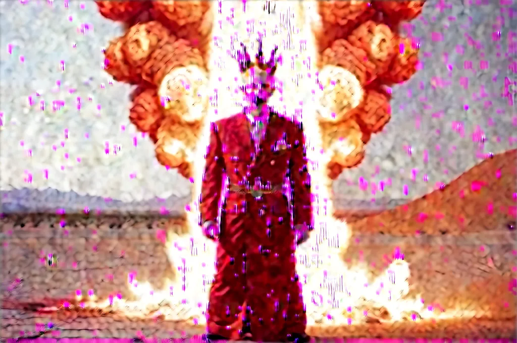 Prompt: albino skin, Lucifer, the desert, daylight, flames, nuclear explosion, the desert, red suit, Missile, Smile, high quality, Crown, sword, Crown, Nuclear Explosion, middle east, silver horns, Missile, fully clothed, red, flames, nuclear explosion, long hair, Crown, Explosion, holy cross, golden, Missile, Crown, golden beard, red robe, red suit, day time, screaming, black chain, nuclear explosion, golden eyes, flames