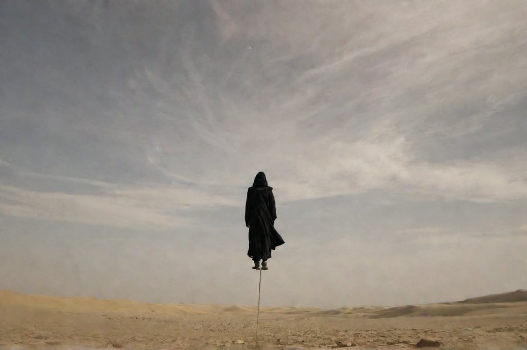 Prompt: MAN IN THE SKY, MAN HIGH LEVITATION, FLYING, IN THE AIR, EYE SCAR, FULL BLACK ROBE, AIR-TIME, LONG BLACK BEARD, BIRCH WALKING STICK, LONG BLACK HAIR, PYRAMIDS, BLACK HOOD, EGYPT, HIGH LEVITATE